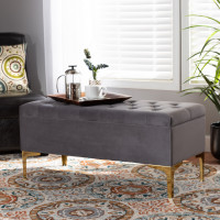 Baxton Studio WS-H68-GD-Grey Velvet/Gold-Otto Valere Glam and Luxe Grey Velvet Fabric Upholstered Gold Finished Button Tufted Storage Ottoman